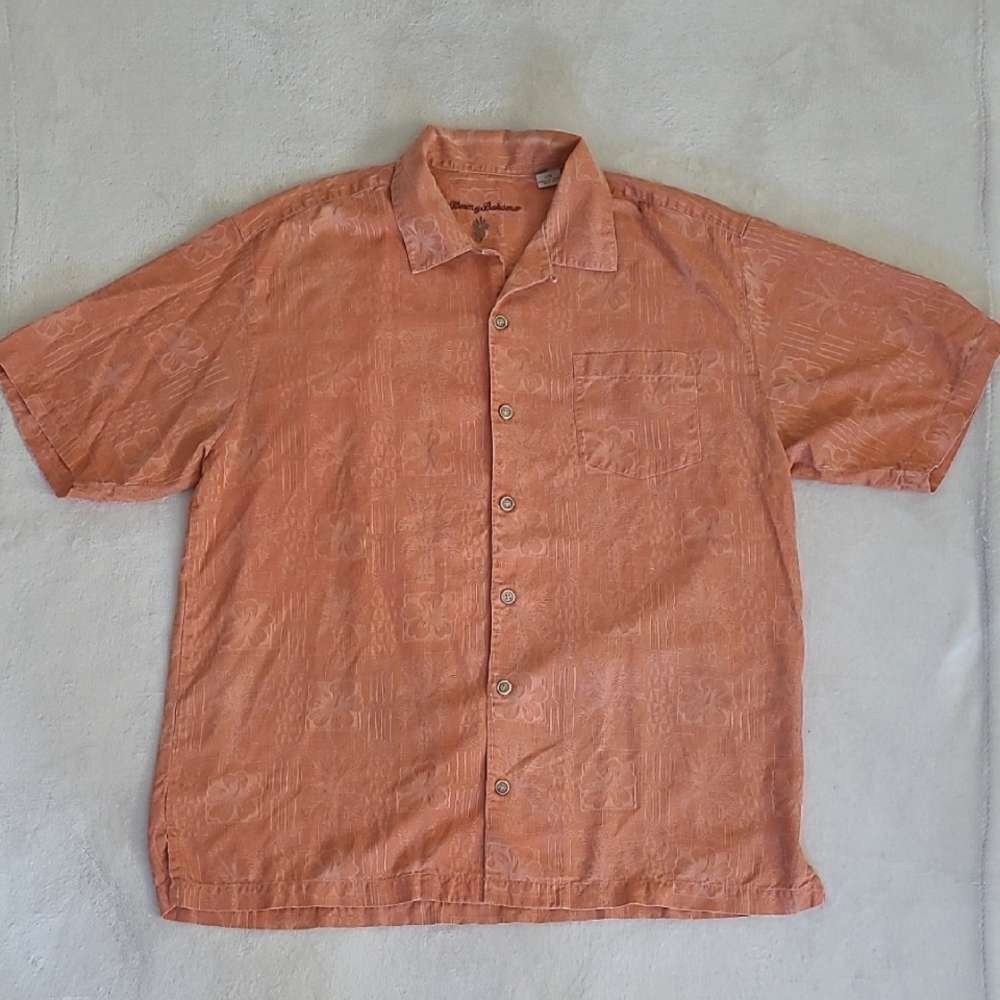 Tommy Bahama 100% Silk Camp Shirt Mens L Orange Jacquard Palm Floral Luau Resort
